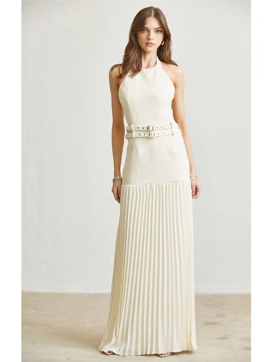MDM Lux Dresses & Skirts - B03. Cream Luxe Halter Pleated Maxi Dress with Double Belt Detail